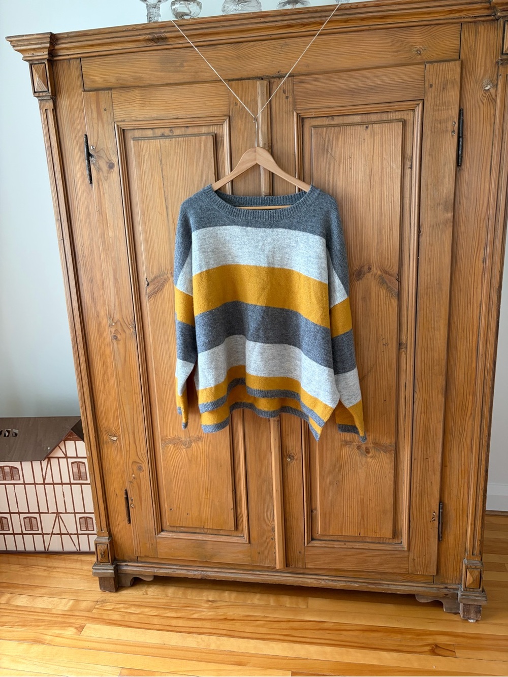 Relaxed Striped Crewneck Sweater in Gray, Yellow & Cream